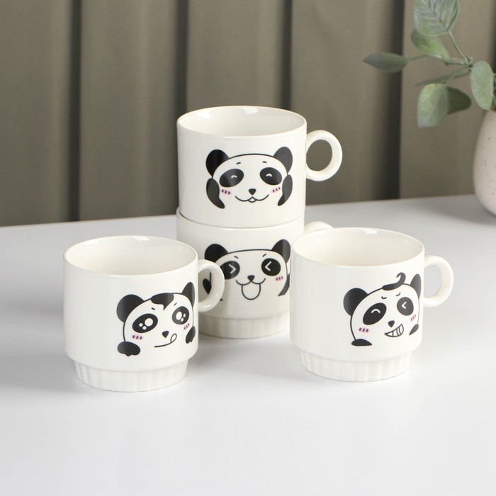 Набор кружек керамических на металлической подставке Доляна «Панда», 4 предмета: 220 мл, цвет белый