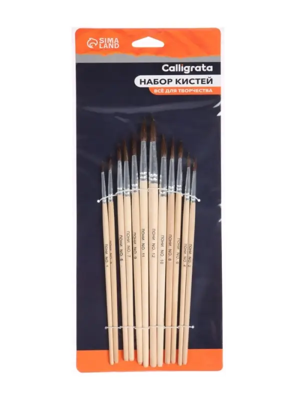Набор кистей для рисования, пони, 12 штук: № 1, 2, 3, 4, 5, 6, 7, 8, 9, 10, 11, 12, круглые, деревянная ручка, международный размер