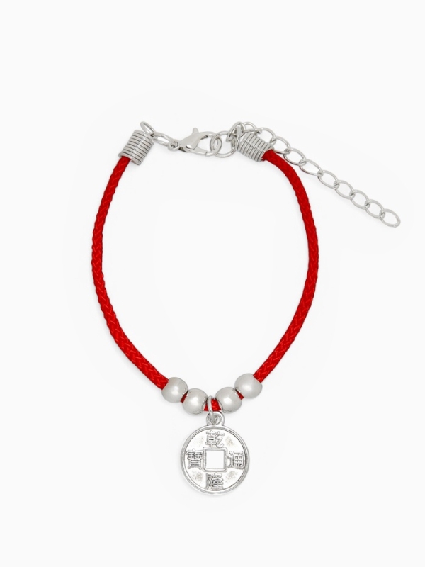 Браслет-оберег «Красная нить» одна монета, цвет чернёное серебро, 20 см