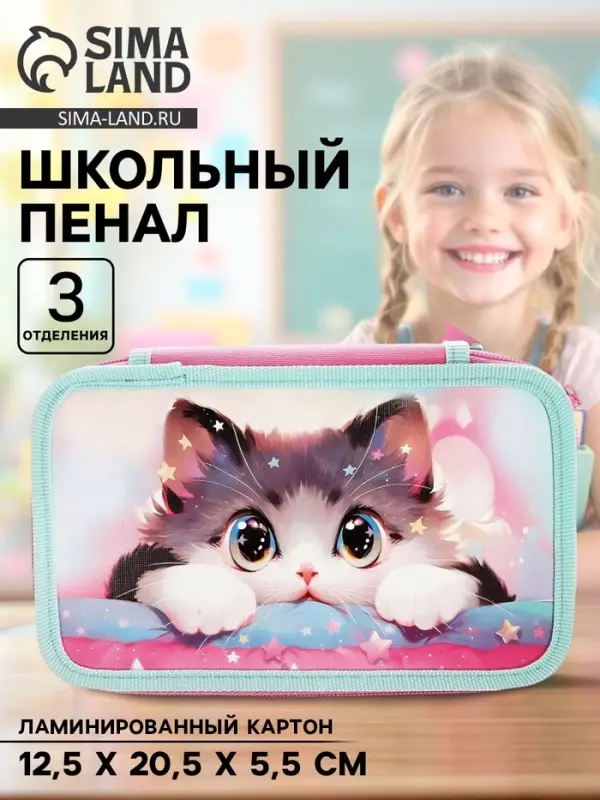 Пенал школьный, 3 секции, 12.5&times;20.5&times;5.5 см &laquo;Кот Корея&raquo;