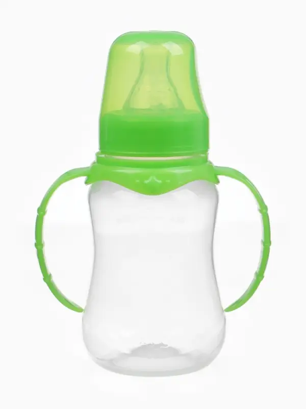 Бутылочка для кормления M&B, классическое горло, с ручками, от 0 мес., 150 мл., приталенная, зелёный