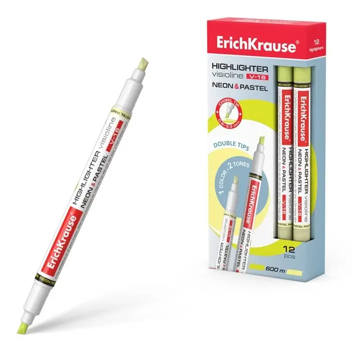 Маркер текстовыделитель ErichKrause Visioline V-16 Neon+Pastel, 0.6-3.3 мм, двусторонний, чернила на водной основе, жёлтый Маркер текстовыделитель ErichKrause Visioline V-16 Neon+Pastel, 0.6-3.3 мм, двусторонний, чернила на водной основе, жёлтый