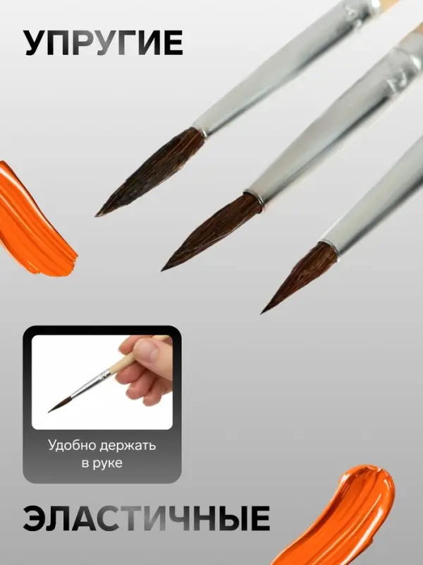 Набор кистей для рисования, белка, 3 штуки: № 1, 2, 3, круглые, деревянная ручка, международный размер