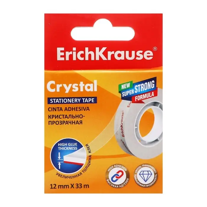 Клейкая лента канцелярская, 12 мм х 33 метра, ErichKrause Crystal, суперпрозрачная, в коробке, с европодвесом Клейкая лента канцелярская, 12 мм х 33 метра, ErichKrause Crystal, суперпрозрачная, в коробке, с европодвесом