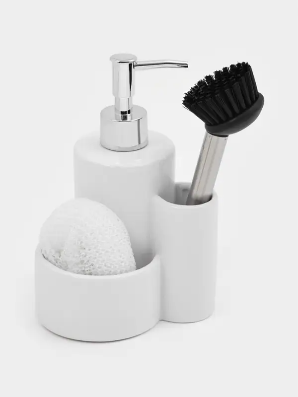 Дозатор для моющего средства Доляна &laquo;Милитари&raquo;, 370 мл, с губкой и щёткой, белый