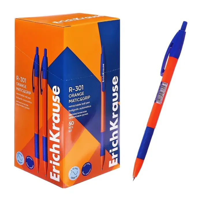 Ручка шариковая автоматическая Erich Krause R=301 Orange Matic & Grip, узел 0.7 мм, чернила синие, резиновый держатель, длина линии письма 2000 метров