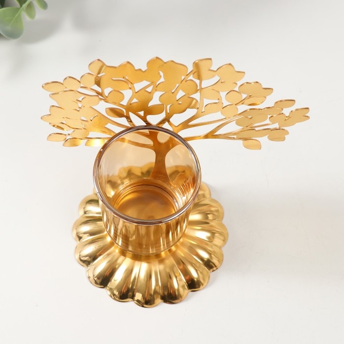 Подсвечник металл, стекло на 1 свечу  Подсвечник металл, стекло на 1 свечу "Дерево с листьями" d=4,7 см, золото 14,7х9,3х15 см