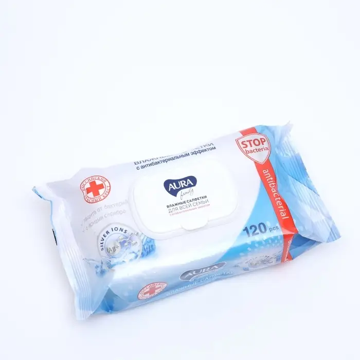 Влажные салфетки AURA FAMILY, для всей семьи, с антибактериальным эффектом 120 шт.