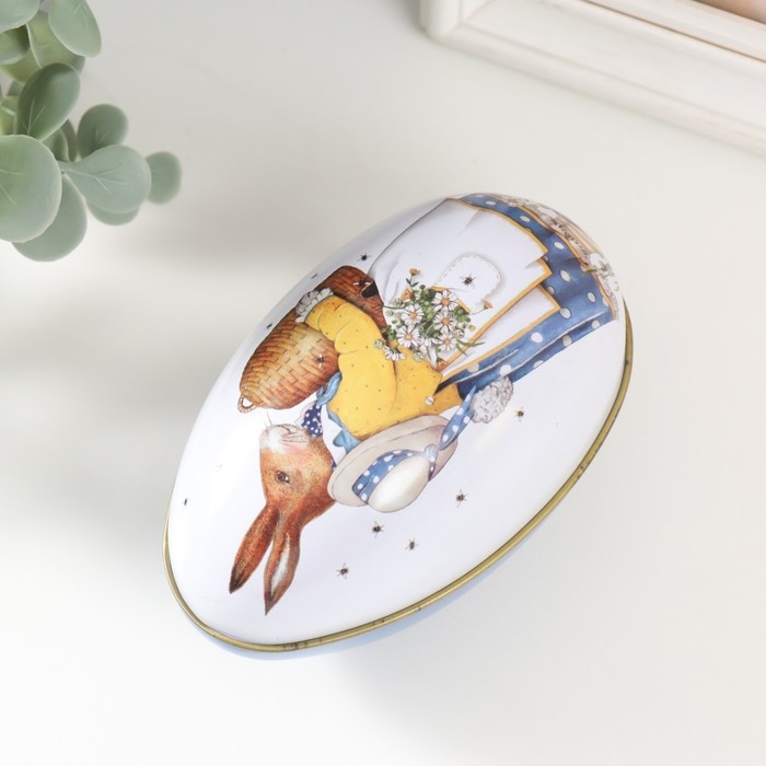 Шкатулка металл яйцо  Шкатулка металл яйцо "Зайка с улеем и ромашками" 6х6,7х11 см