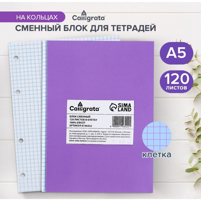 Сменный блок для тетрадей на кольцах А5, 120 листов, в клетку, Calligrata, блок офсет № 160 гр/м2, белизна 100%, Сменный блок для тетрадей на кольцах А5, 120 листов, в клетку, Calligrata, блок офсет № 160 гр/м2, белизна 100%,