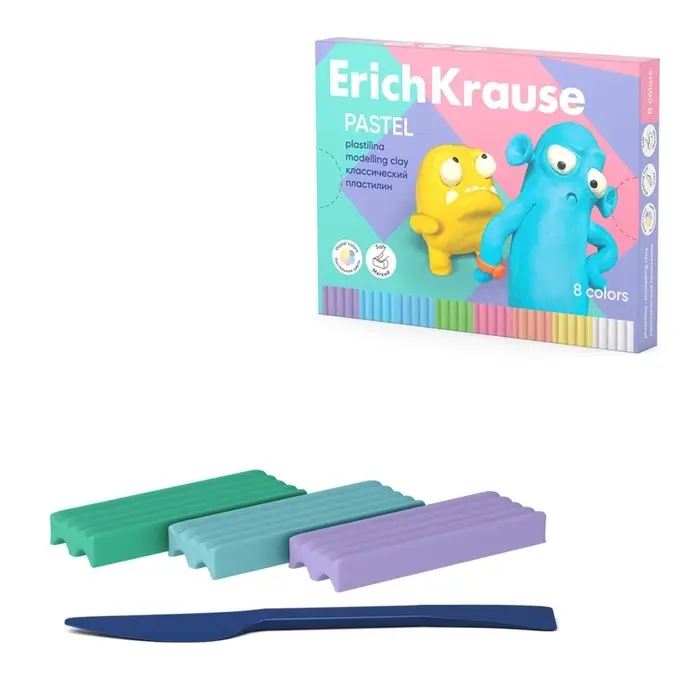 Пластилин 8 цветов, 144 г, ErichKrause Пластилин 8 цветов, 144 г, ErichKrause "Jolly Friends Pastel", со стеком, в картонной упаковке
