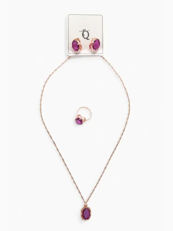 Гарнитур 3 предмета: серьги, кулон, кольцо безразмерное &laquo;Эдель&raquo;, классик, фиолы в золоте, 45 см