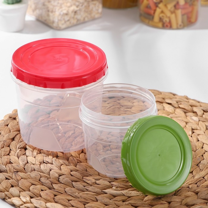 Набор контейнеров круглых с закручивающимися крышками, 2 шт: 500 мл, 1 л, прозрачные, крышки МИКС Набор контейнеров круглых с закручивающимися крышками, 2 шт: 500 мл, 1 л, прозрачные, крышки МИКС