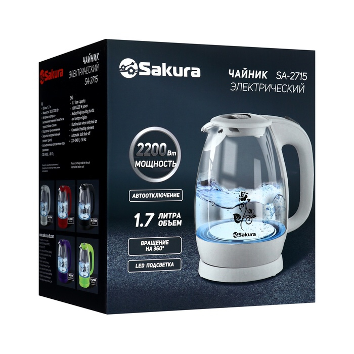 Чайник электрический Sakura SA-2715V, стекло, 1.7 л, 2200 Вт, пурпурный Чайник электрический Sakura SA-2715V, стекло, 1.7 л, 2200 Вт, пурпурный