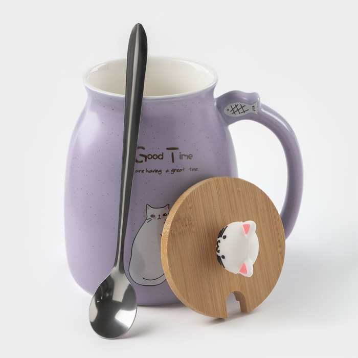 Кружка керамическая с деревянной крышкой и ложкой «Котик», 500 мл, цвет и рисунок МИКС Кружка керамическая с деревянной крышкой и ложкой «Котик», 500 мл, цвет и рисунок МИКС