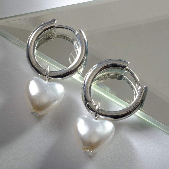 Серьги со съёмным элементом «Трансформер» сердечко жемчужное, цвет белый в серебре Серьги со съёмным элементом «Трансформер» сердечко жемчужное, цвет белый в серебре