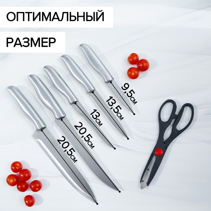 Набор ножей кухонных на подставке «Блеск стали», 6 предметов: 5 ножей лезвие 9,5 см, 13 см, 13,5 см, 20,5 см, 20,5 см, ножницы