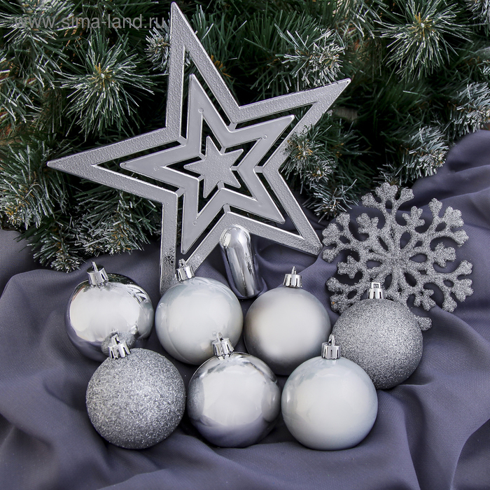 Набор украшений пластик с верхушкой 17 шт Набор украшений пластик с верхушкой 17 шт "Снежный" серебро
