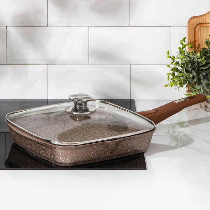 Сковорода-гриль «Гранит», 26×26 см, съёмная ручка, стеклянная крышка, антипригарное покрытие, цвет коричневый Сковорода-гриль «Гранит», 26×26 см, съёмная ручка, стеклянная крышка, антипригарное покрытие, цвет коричневый