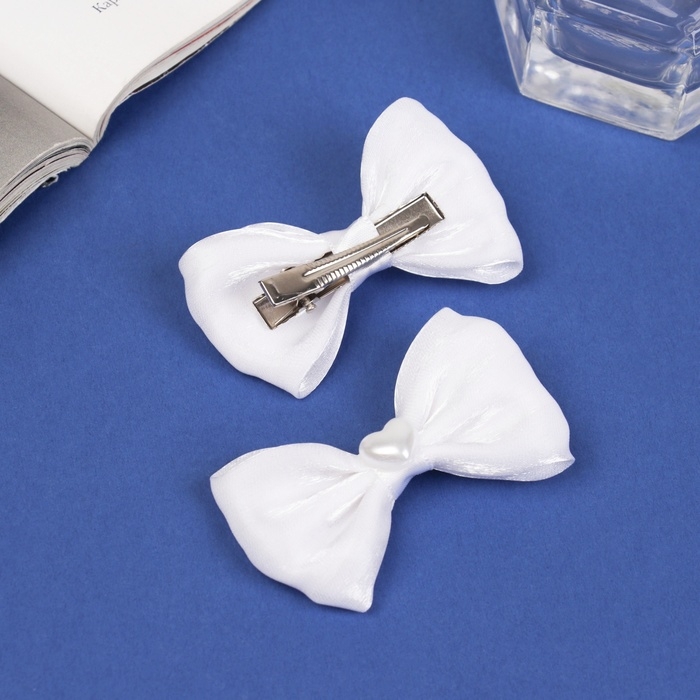 Зажим для волос  Зажим для волос "Бантик Вивиан" (набор 2 шт) классик сердца, 6 см, белый