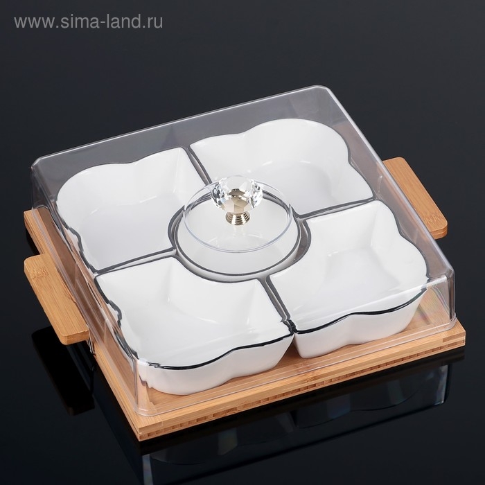 Набор салатников керамических с крышкой на деревянной подставке «Эстет. Квадрат», 5 предметов, 33×27,5×11 см, цвет белый Набор салатников керамических с крышкой на деревянной подставке «Эстет. Квадрат», 5 предметов, 33×27,5×11 см, цвет белый