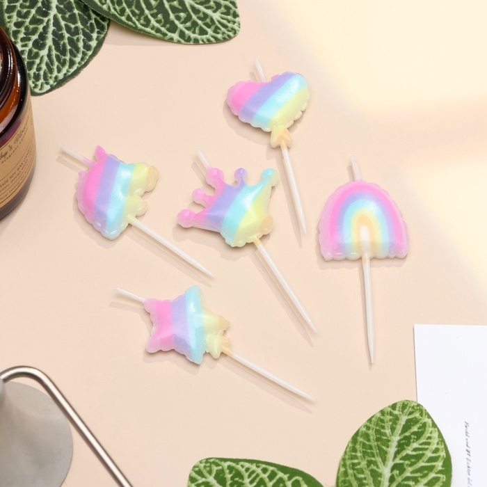 Набор свечей для торта, 5 шт  Набор свечей для торта, 5 шт "Детская радужная вечеринка", разноцветные