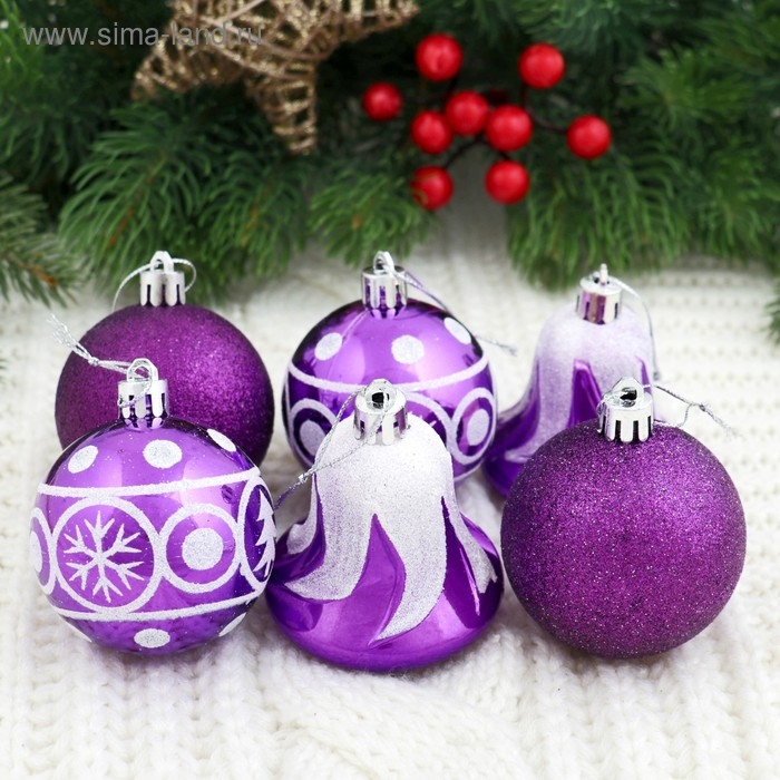 Набор украшений пластик 6 шт Набор украшений пластик 6 шт "Византия" (4 шара d-6 см, 2 колокольчика) фиолетовый
