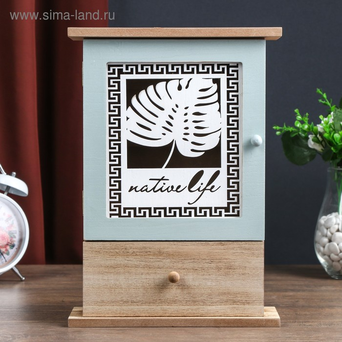 Ключница дерево 6 крючков с ящиком Ключница дерево 6 крючков с ящиком "Пальмовый лист и греческий узор" 29,5х21х8 см