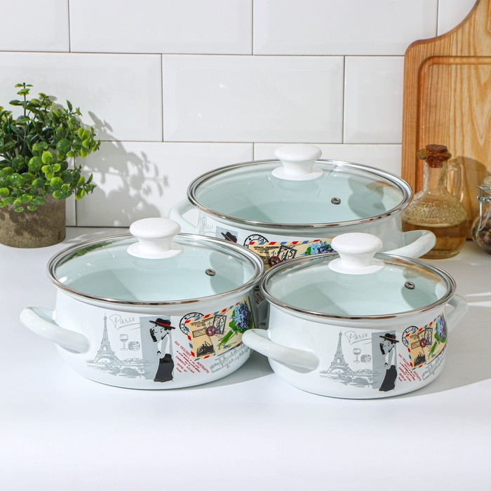 Набор кастрюль «Фиалка Монмарта», 3 предмета: 1,5 л, 2 л, 3 л, крышки, индукция Набор кастрюль «Фиалка Монмарта», 3 предмета: 1,5 л, 2 л, 3 л, крышки, индукция