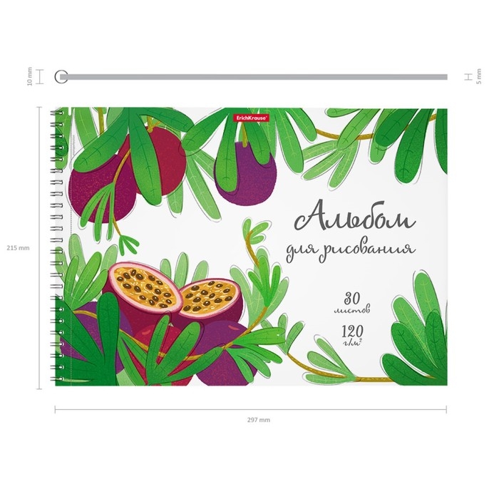 Альбом для рисования А4, 30 листов на спирали, ErichKrause Juicy Fruits, блок 120 г/м², 100% белизна, перфорация для отрыва, твёрдая подложка