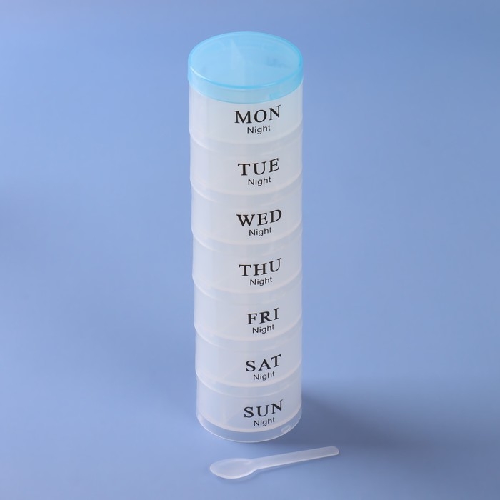 Таблетница - органайзер «Пирамида», английские буквы, утро/день/вечер, d = 19,5 × 5 см, 7 контейнеров по 3 секции, цвет МИКС Таблетница - органайзер «Пирамида», английские буквы, утро/день/вечер, d = 19,5 × 5 см, 7 контейнеров по 3 секции, цвет МИКС