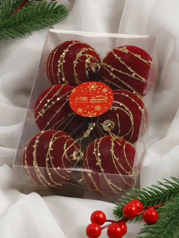 Набор шаров пластик d-6 см, 6 шт Набор шаров пластик d-6 см, 6 шт "Бархат. Фестиваль" орбита, красный