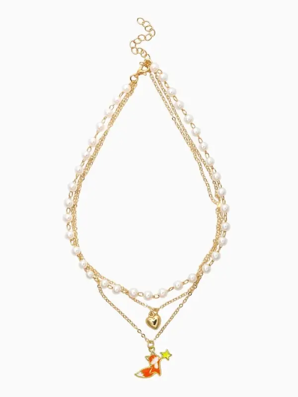 Бусы детские "Выбражулька" 3 нити, лиса, сердце, жемчуг, белые в золоте