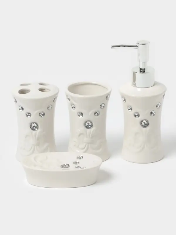 Аксессуары для ванной Доляна &laquo;Стразы. Капельки&raquo;, 4 предмета, дозатор 200 мл, мыльница, 2 стакана, белые