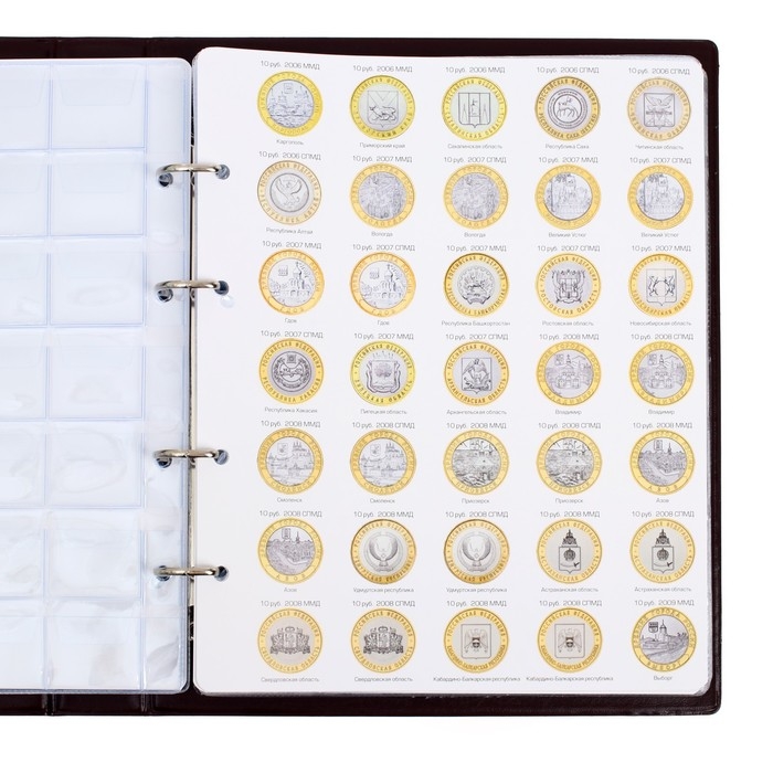 Альбом для монет на кольцах 225 х 265 мм,  Альбом для монет на кольцах 225 х 265 мм, "Памятные монеты РФ", обложка ПВХ, 13 листов и 13 цветных картонных вставок, коричневый