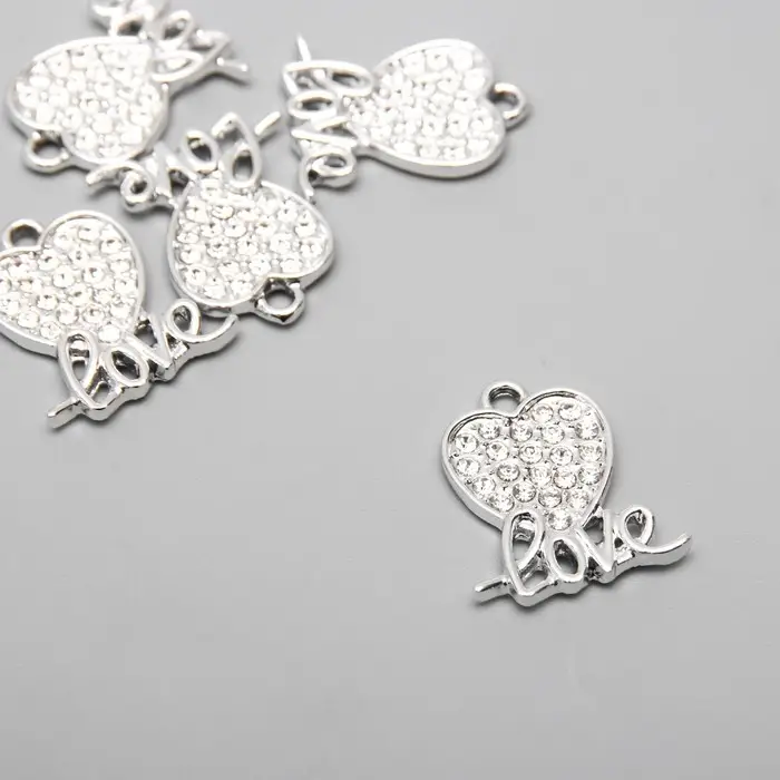 Декор для творчества металл, стразы "Сердечко с надписью" серебро 0,2х1,8х2,1 см