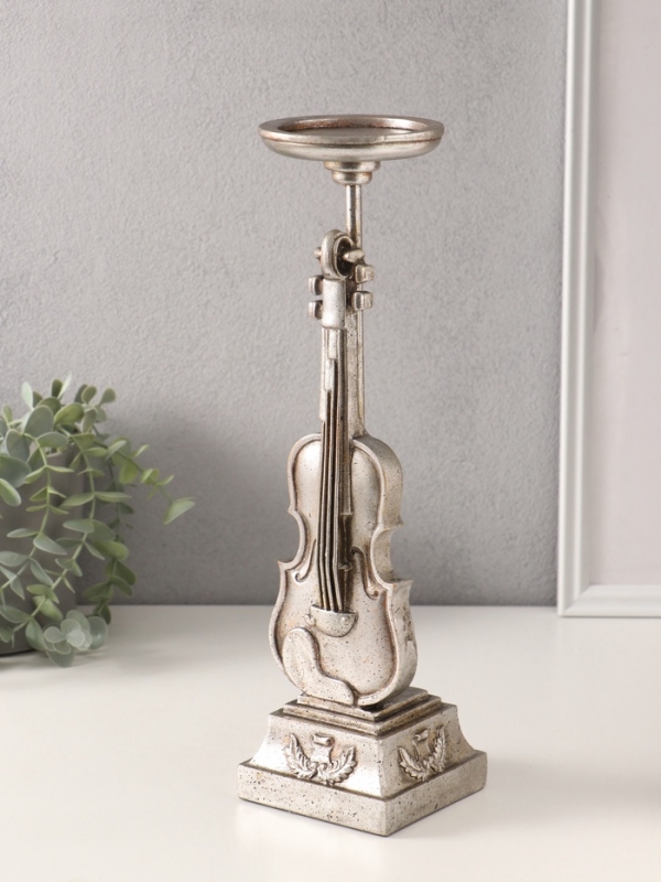 Подсвечник полистоун на 1 свечу "Скрипка" серебро 10х10х36 см