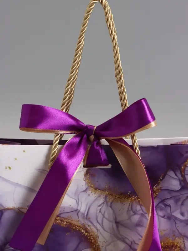 Пакет подарочный "Мрамор", фиолетовый с бантиком, 19 х 15 х 7 см