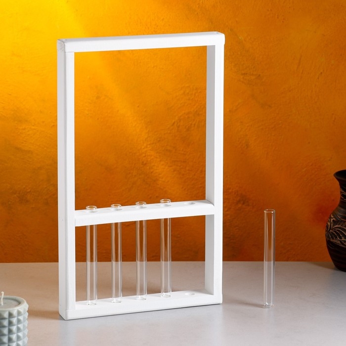 Кашпо деревянное 28×4.5×40 см с 5 колбами  Кашпо деревянное 28×4.5×40 см с 5 колбами "Рамка Экстра", белый Дарим Красиво