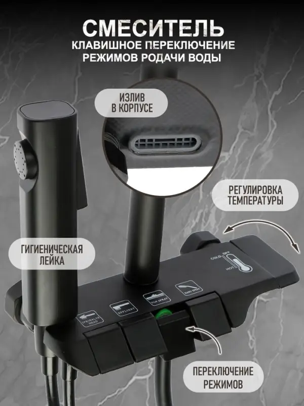 Душевая система ZEIN Z3684, верхняя и ручная лейка, ПВХ шланг, гигиенический набор, черная