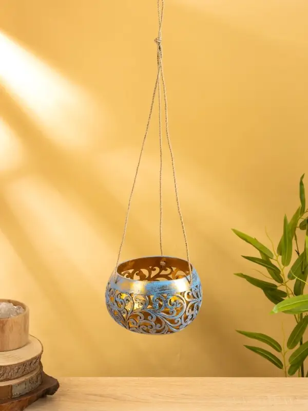 Подсвечник подвесной из кокоса, 14×14×10 см, голубой-золотой