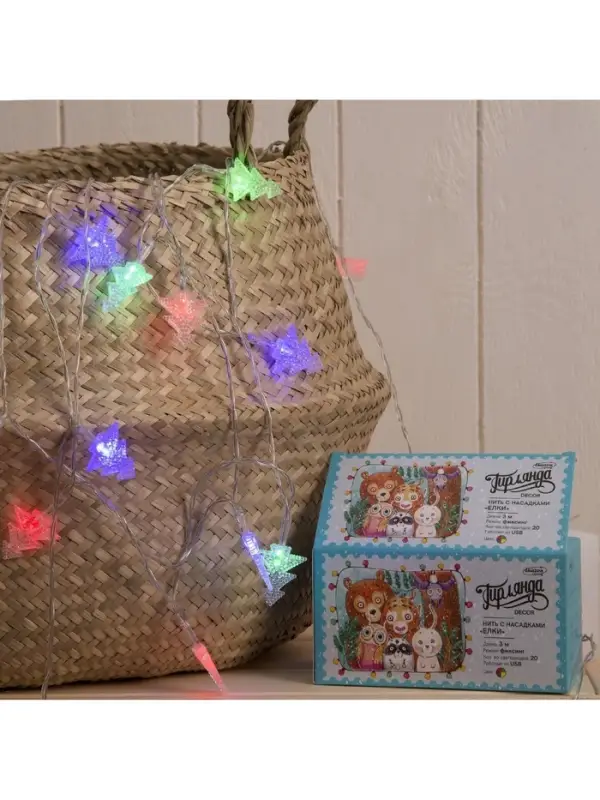 Гирлянда &laquo;Нить&raquo; 3 м с насадками &laquo;Ёлки&raquo;, IP20, прозрачная нить, 20 LED, свечение мульти (RG/RB), мигание, USB