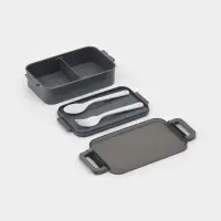 Ланч-бокс, 2 отделения, 2 яруса, с вилкой и ложкой, бутылкой 500мл,20х17х5,5 см, цвет серый   109495