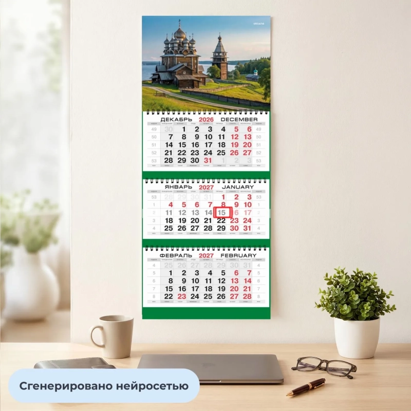 Календарь настенный 3-х блочный 2027 Attache Старинная церковь 295х710мм