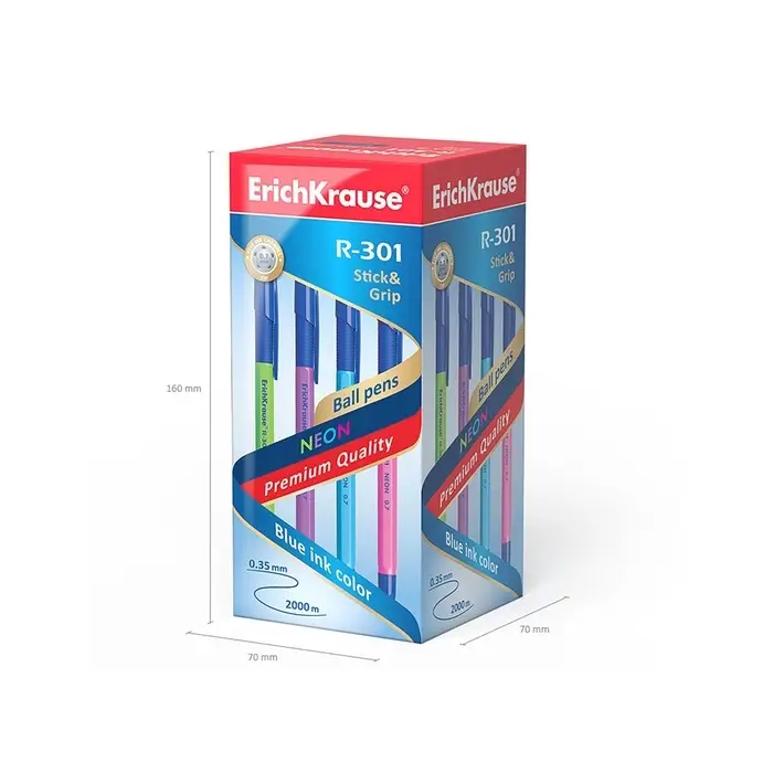 Ручка шариковая ErichKrause R-301 Neon Stick & Grip, узел 0,7-1.0 мм, чернила синие, резиновый держатель, длина линии письма 2000 метров, МИКС