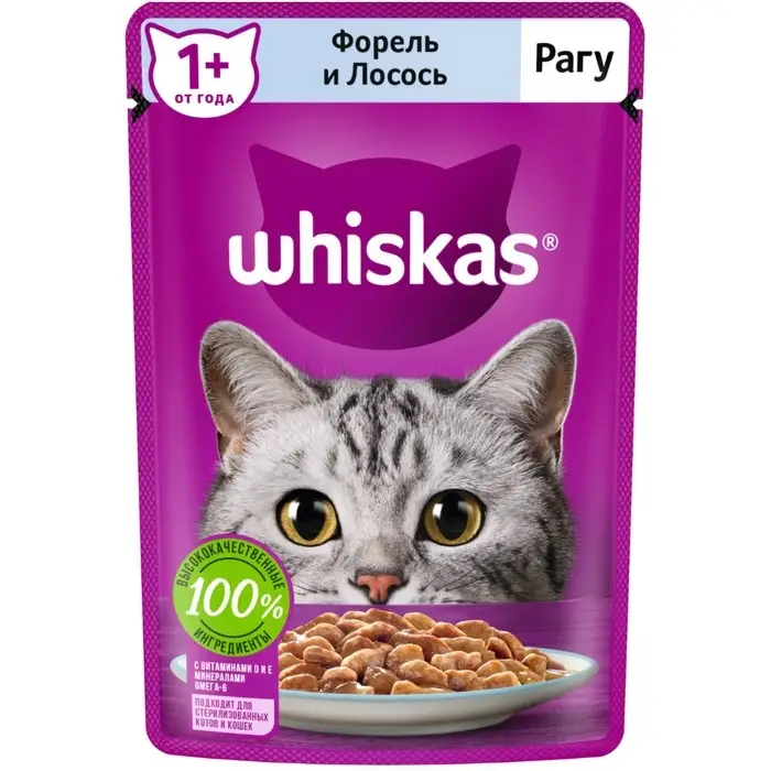 Влажный корм Whiskas для кошек, рагу форель/лосось, 75 г Влажный корм Whiskas для кошек, рагу форель/лосось, 75 г