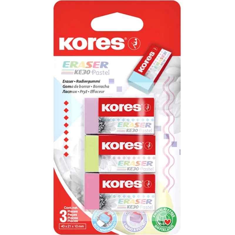 Ластик Kores 40x21x10мм 3 шт/уп, пастельный KE-30, блистер 40315