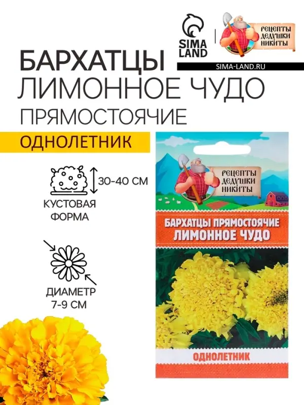 Семена цветов Бархатцы прямостоячие  Семена цветов Бархатцы прямостоячие "Лимонное чудо", 0,3 г