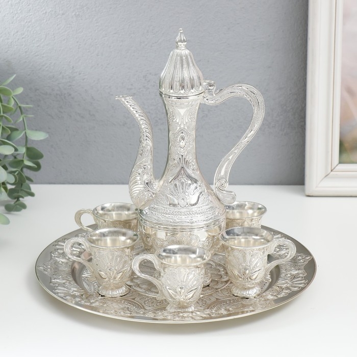 Набор винный кувшин, 6 бокалов и поднос  Набор винный кувшин, 6 бокалов и поднос "Стамбул. Медальон и узоры" серебро