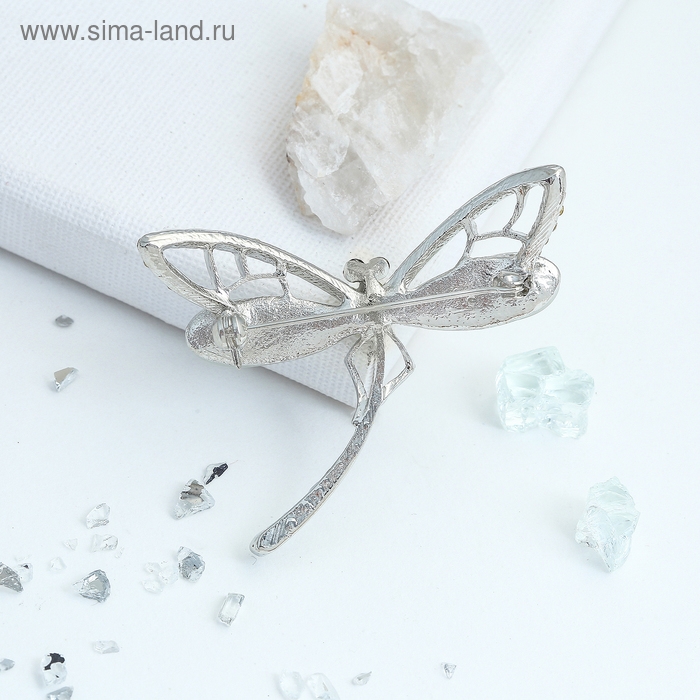 Брошь «Стрекоза» порхающая, цвет белый в серебре